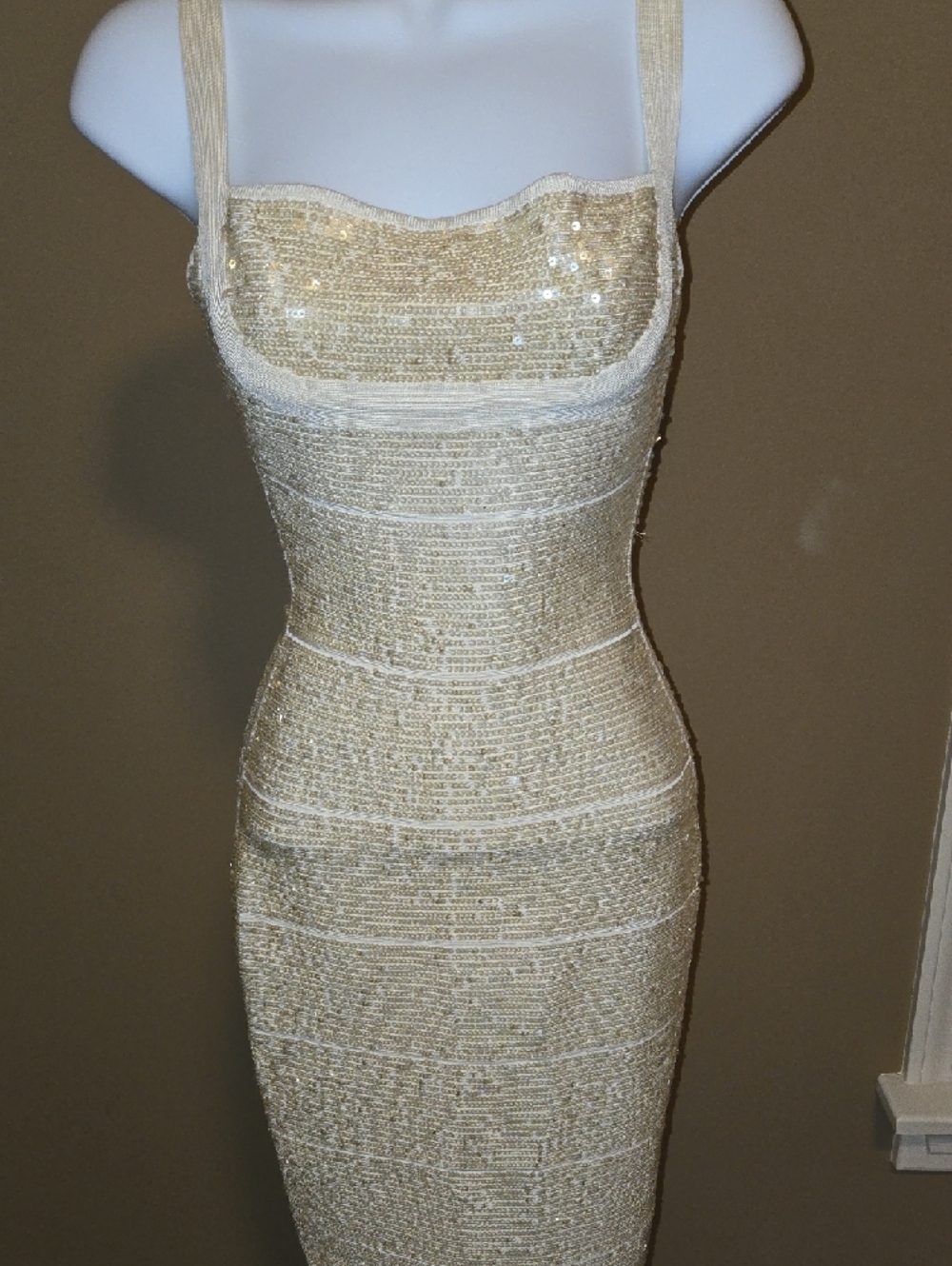 Herve Leger "Katherine" Off White Sequin Bandage Midi Dress XS with Original Box